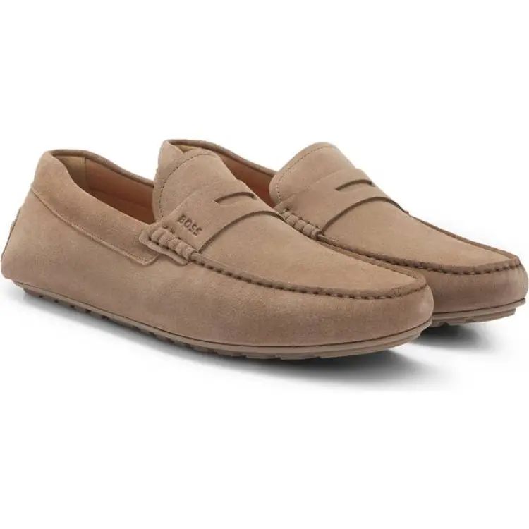 HUGO BOSS Portuguese Crafted Moccasin Loafers - Suede With Penny Trim