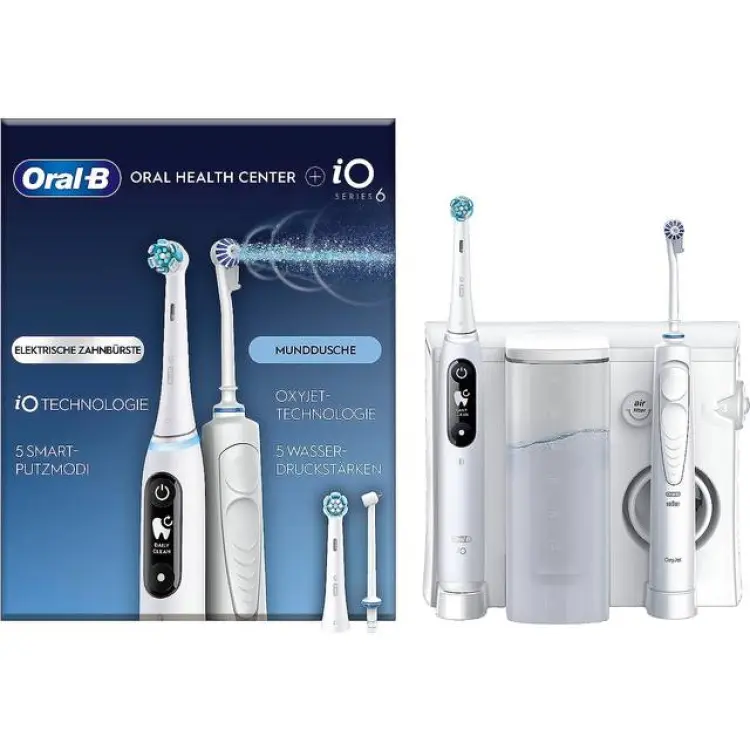 Oral-B Health Center Hydropulzer: Tandtråd med vatten, 1 Oxyjet-kanyl, 1 WaterJet-kanyl, 1 iO6 elektrisk tandborste, 2 borstar