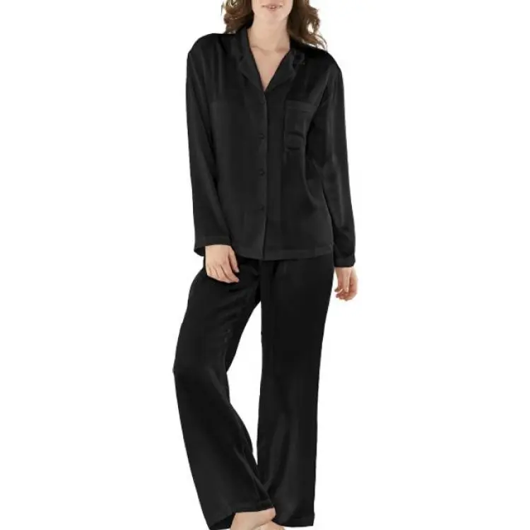 Damella Woven Silk Plain Pyjamas Set Black * Kampanj *