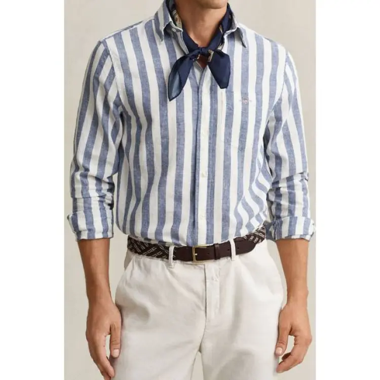 Gant Regular Fit Linen Cotton Striped Shirt - Vintage Blue