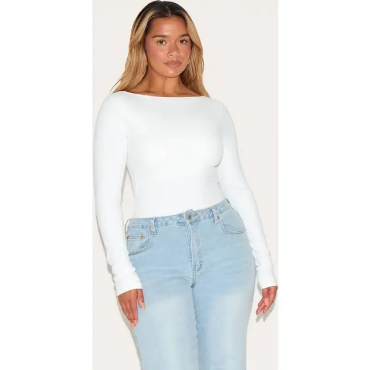 PrettyLittleThing Built In Bra Sculpt Long Sleeve Boat Neck Bodysuit - White