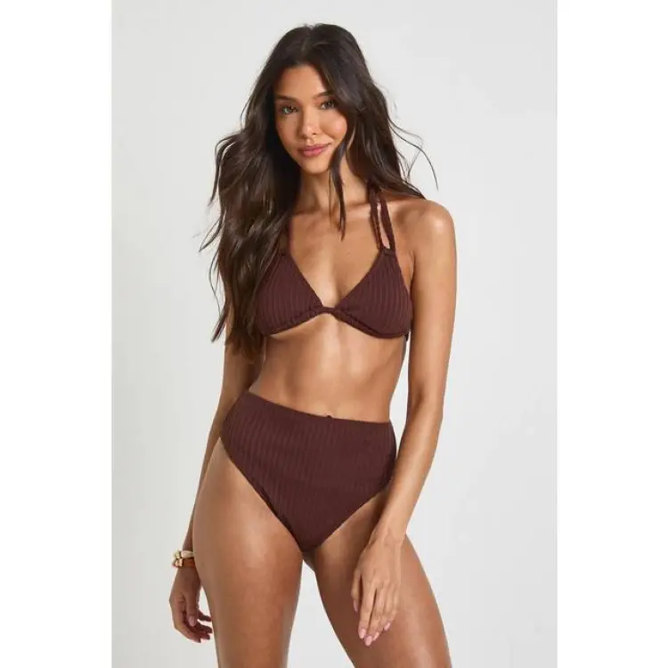 boohoo Dam Textured Triangle High Waisted Bikini Set - Chocolate