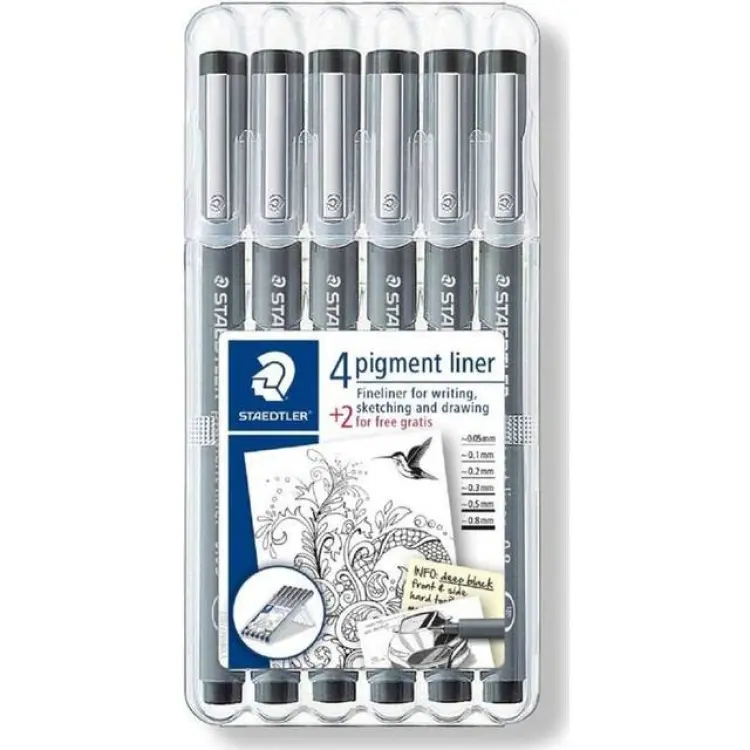Staedtler Pigment Liner Marker Pens Black 0.05-0.8mm 6-pack