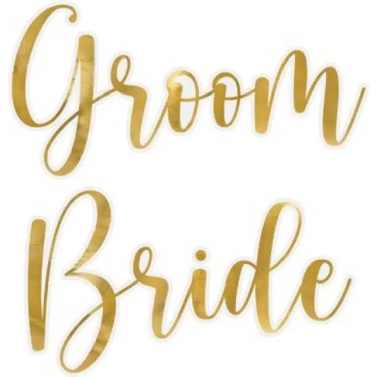 PartyDeco Glasklistermärken Brud & Brudgum Guld 2 st