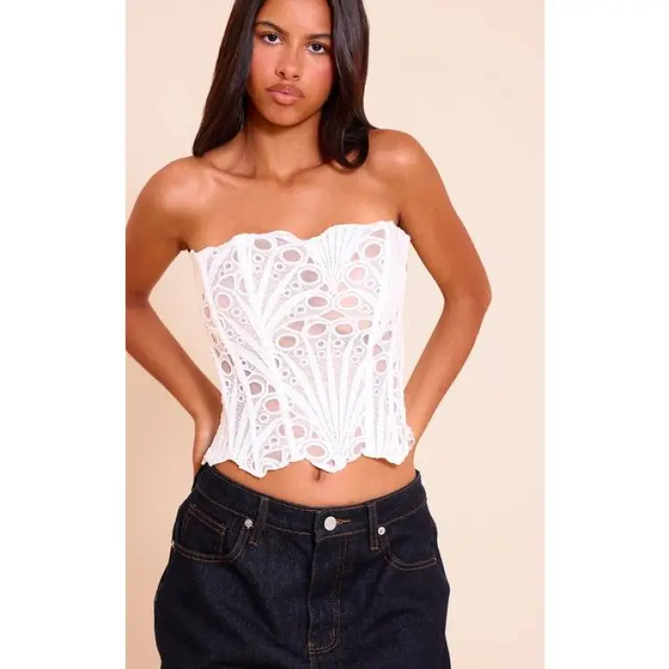 PrettyLittleThing Petite Textured Sheer Floral Lace Corset - White
