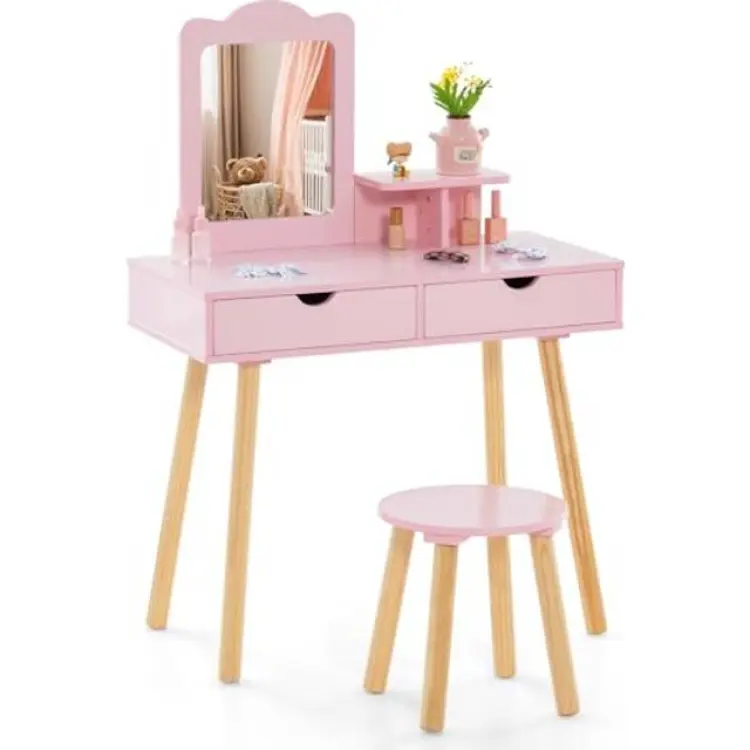 Costway 2-i-1 Sminkbord och Skrivbord med Pall Rosa