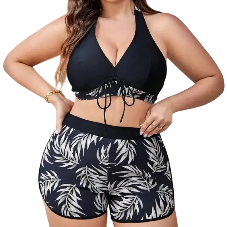Shein Plus Women's Tropical Print Splice V-Neck Halter Bikini Swimwear Set
