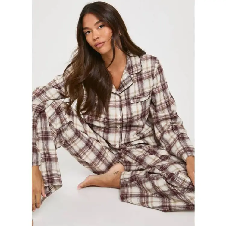 boohoo Dam Borstad Rutig Långärmad Skjorta Byxor Pyjamas Set - Chocolate