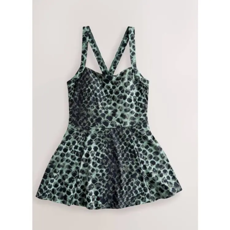NEXT Leopard Print Tummy Control Skirted Swim Dress - Green/Black