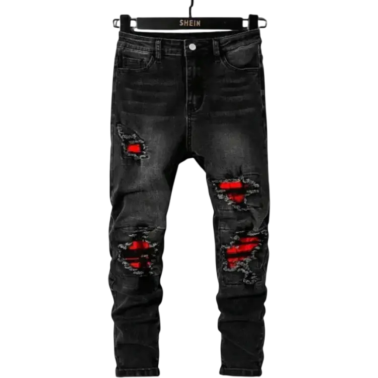 Shein Tween Boys' Slim Fit Distressed Jeans With Patchwork